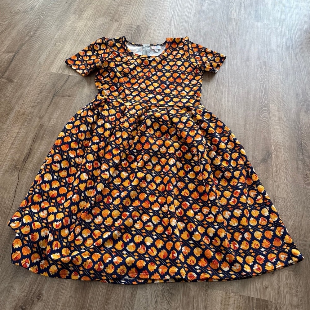 LuLaRoe Black Midi Dress with Vibrant Orange and Yellow Floral Design